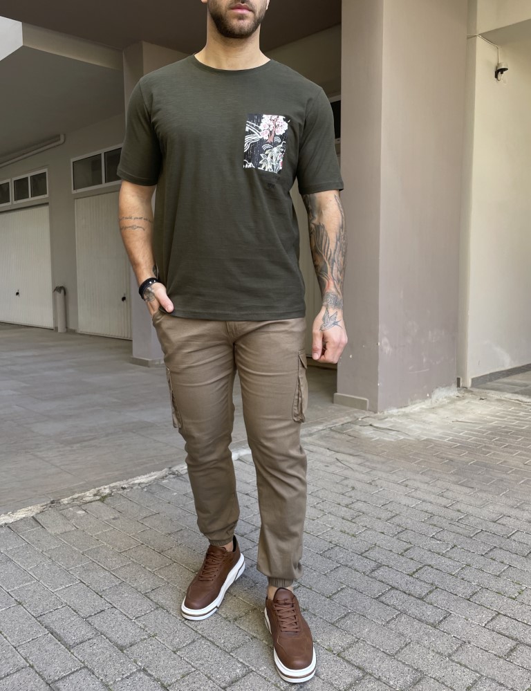 NDC ανδρική χακί βαμβακερή φλάμα κοντομάνικη μπλούζα με σχέδιο στο στήθος 242931X φωτογραφία